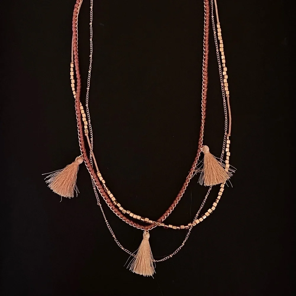Tasseled Tassel Beaded Statement Multi Layer Boho Necklace in Rose Gold